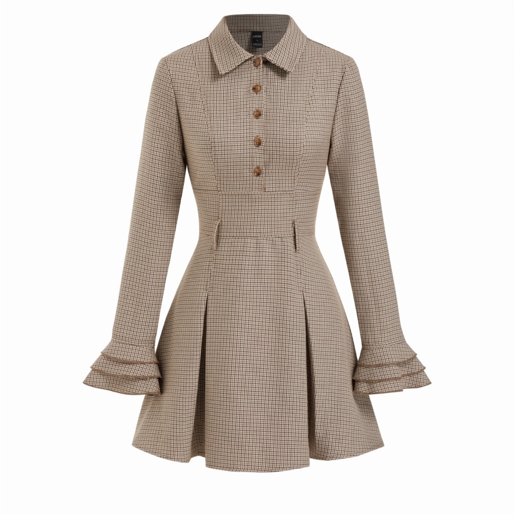 NWOT Brown Button Up Ruffle Plaid Dress